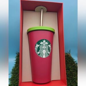 Starbucks 16oz Mermaid Pink Stainless Steel Cup with Green Top and Straw